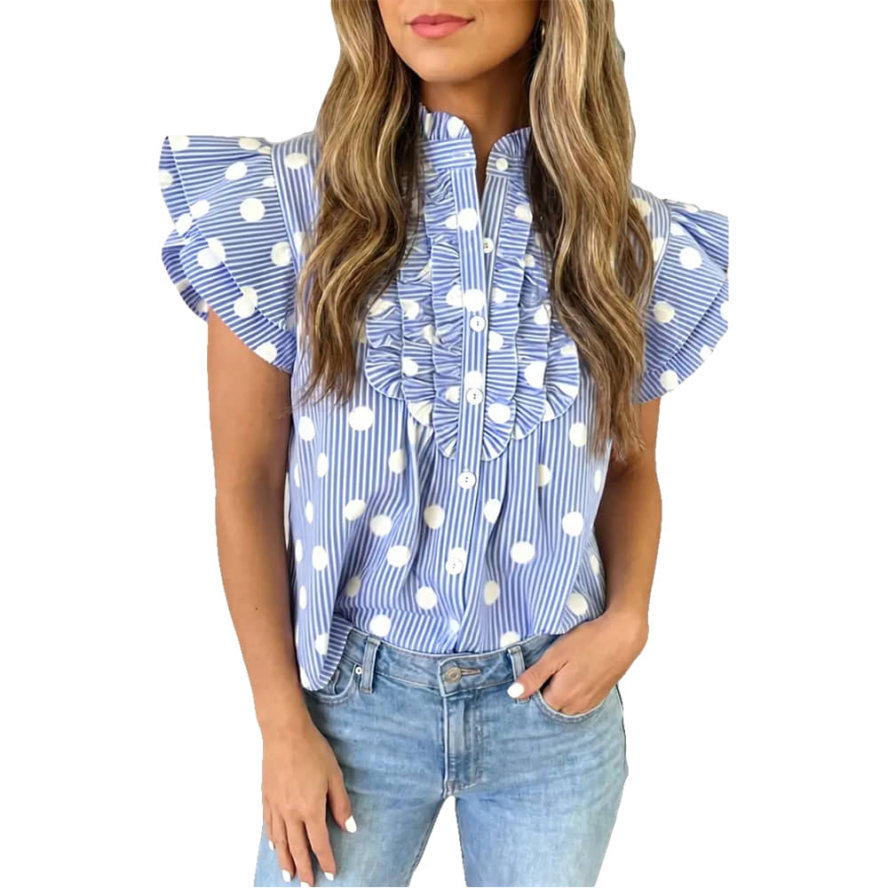 South Texas Tack Apparel Stripe Polka Dot Ruffle Sleeve Button Up Blouse