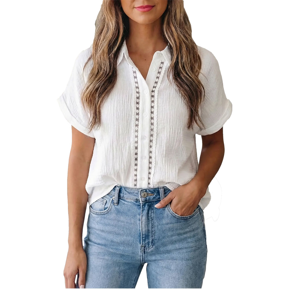 South Texas Tack Apparel Texture Lace Trim Cuffed Short Sleeve Shirt