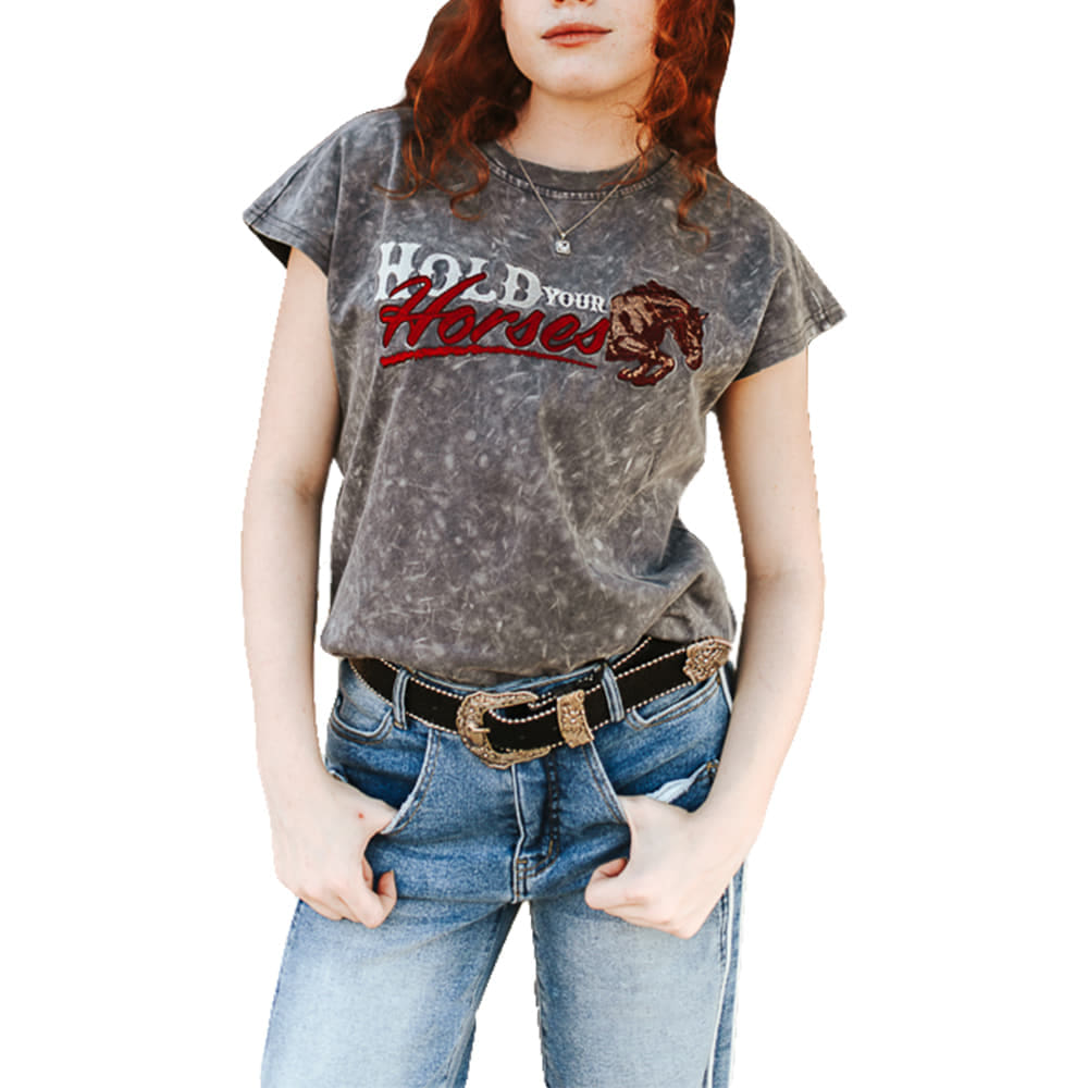 South Texas Tack Apparel Womens Grey Mineral Wash Hold Your Horses Short Sleeve Top