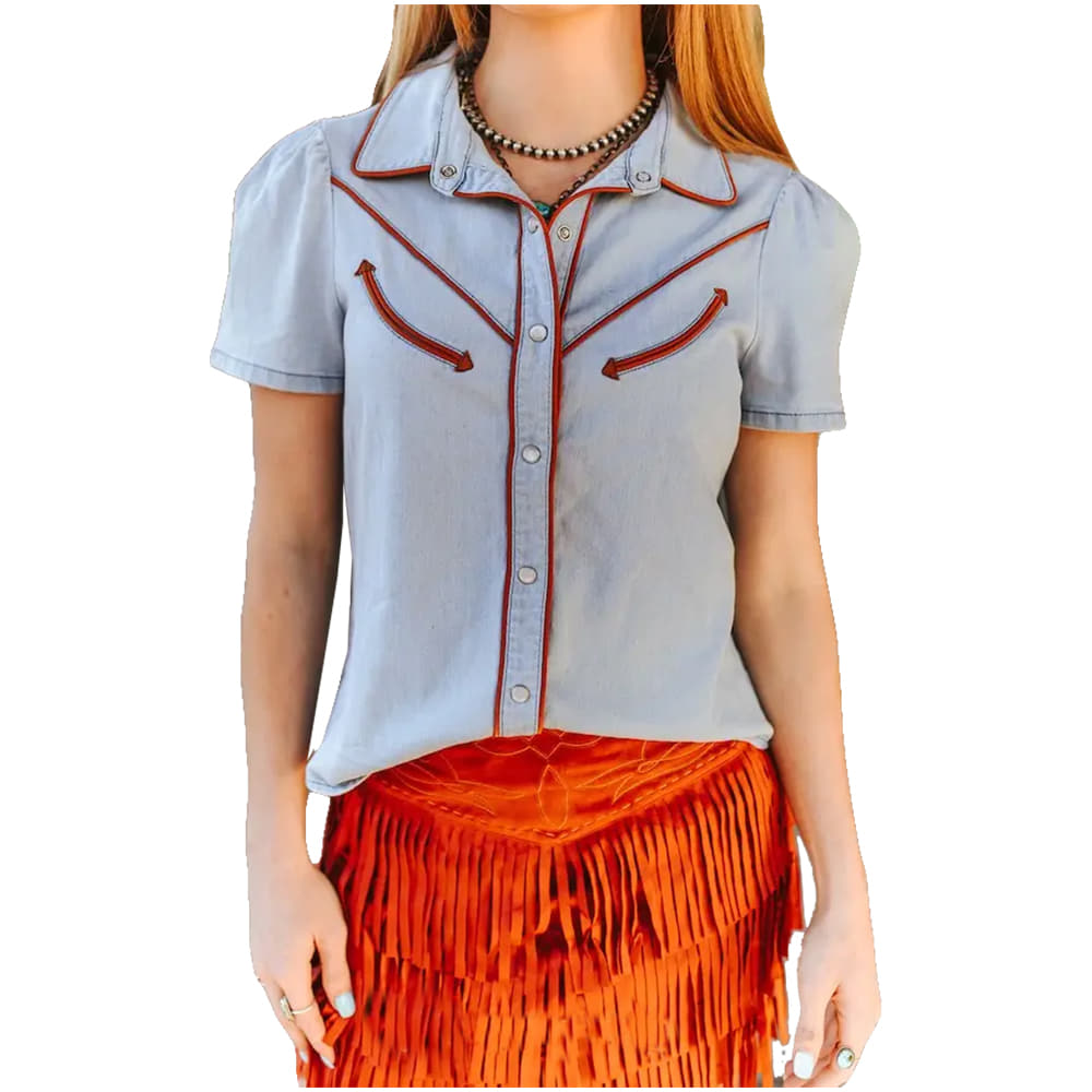 South Texas Tack Apparel Womens Light Wash Camel Contrast Arrow Pearl Snap Puff Sleeve Top