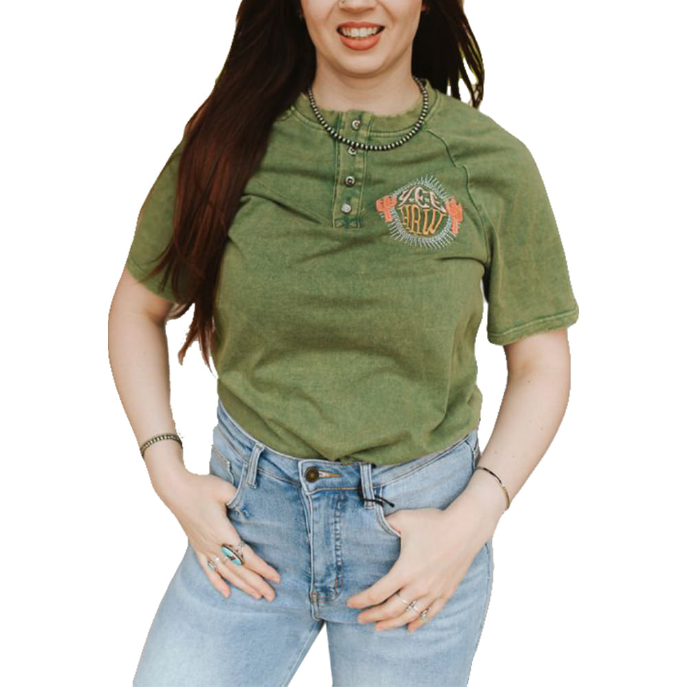 South Texas Tack Apparel Womens Olive Mineral Wash Concho Button Detail Short Sleeve Patch TShirt