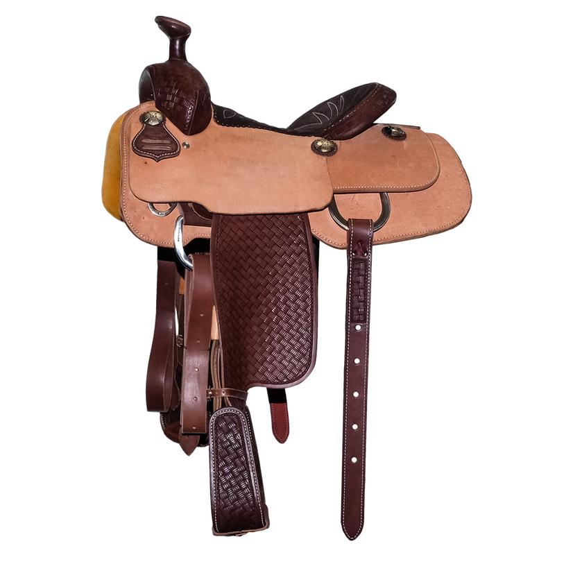 South Texas Tack Saddles 14" / Natural/Dark Chocolate South Texas Tack Quarter Dark Chocolate Big Weave Tool Three-Quarter Rough Out Team Roping Saddle