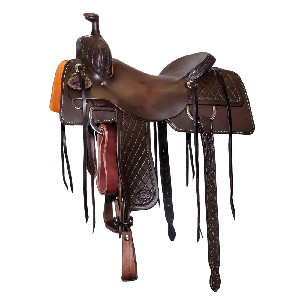 South Texas Tack Saddles South Texas Tack Chocolate Slick Out Half Diamond Tool Ranch Cutting Saddle with Tooled Fenders