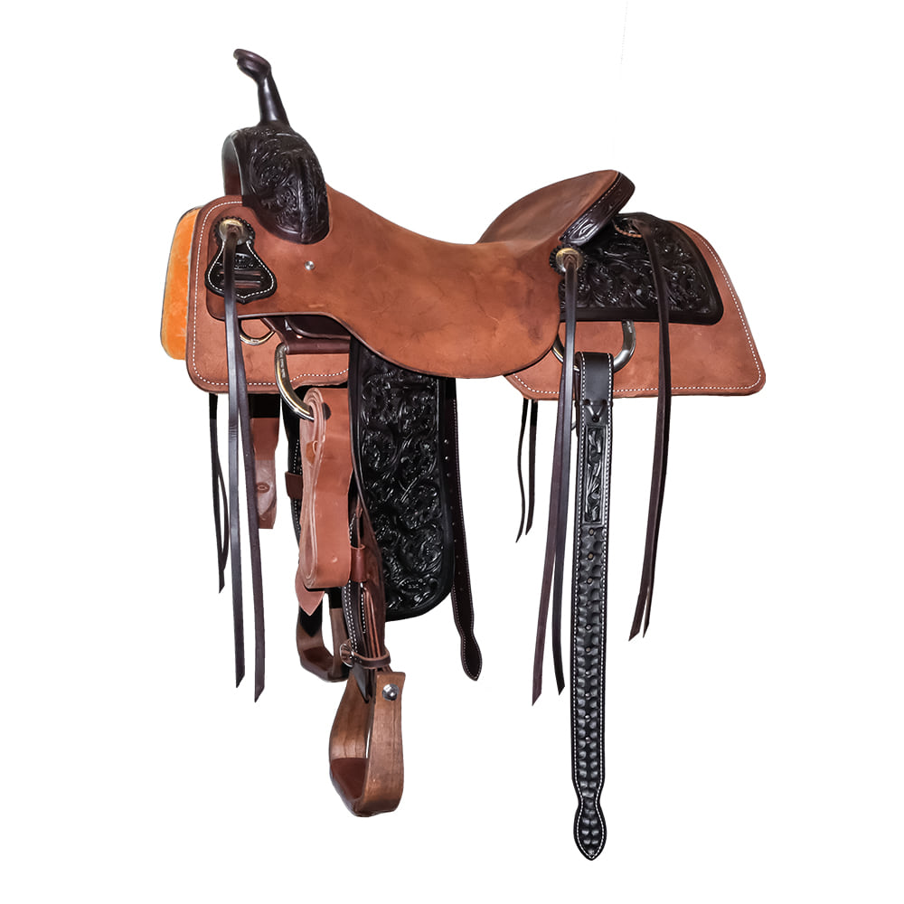 South Texas Tack Saddles South Texas Tack Half Chocolate Rough Out Half Acorn Oak Leaf Tool Cutting Saddle with Tooled Fenders