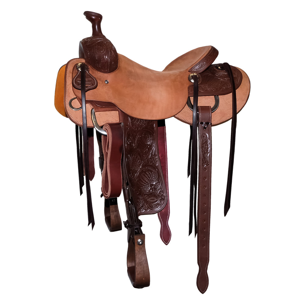 South Texas Tack Saddles South Texas Tack Half Natural Rough Out Half Poinsettia Tool Will James Saddle with Tooled Fenders