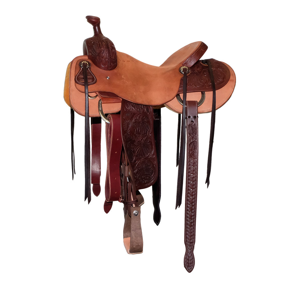 South Texas Tack Saddles South Texas Tack Half Natural Rough Out Half Poinsettia Tool Will James Saddle with Tooled Fenders