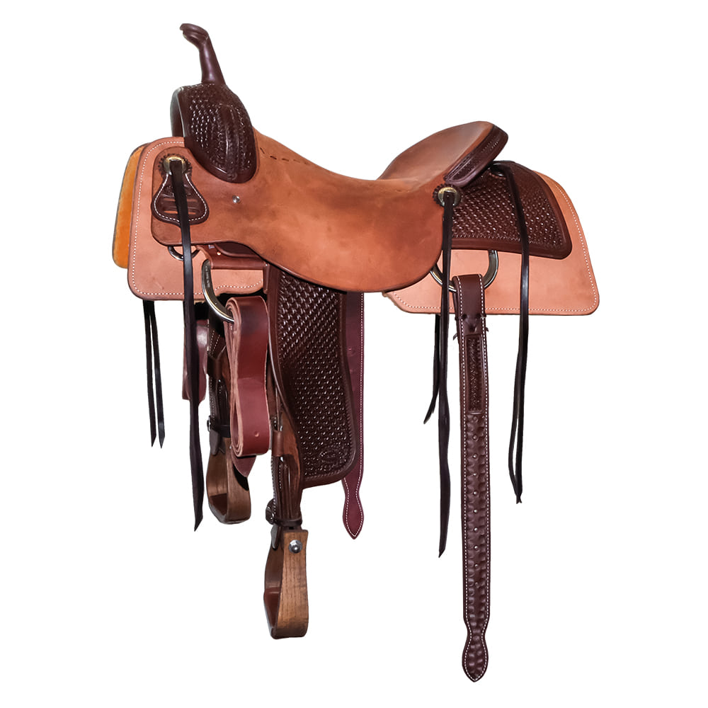 South Texas Tack Saddles South Texas Tack Half Natural Rough Out Half Windmill Tool Cutting Saddle with Tooled Fenders