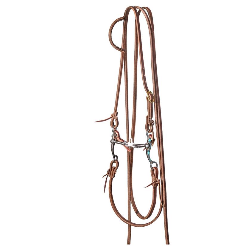 South Texas Tack Tack Oiled South Texas Tack Slide Ear Split Rein Bridle Set with 6inch Turquoise Floating Space Bit