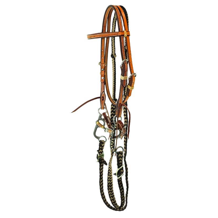South Texas Tack Tack Pony / Tan/Black South Texas Tack Leather Browband Braided Barrel Rein Pony Bridle Set with Dog Bone Bit