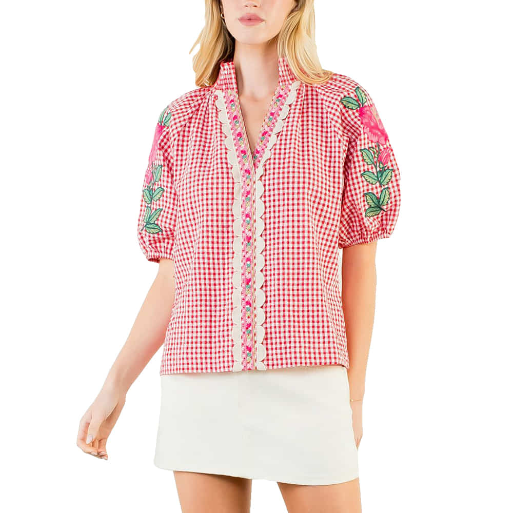 Thml Clothing Apparel Thml Clothing Red Gingham Floral Embroidered Puff Sleeve Top