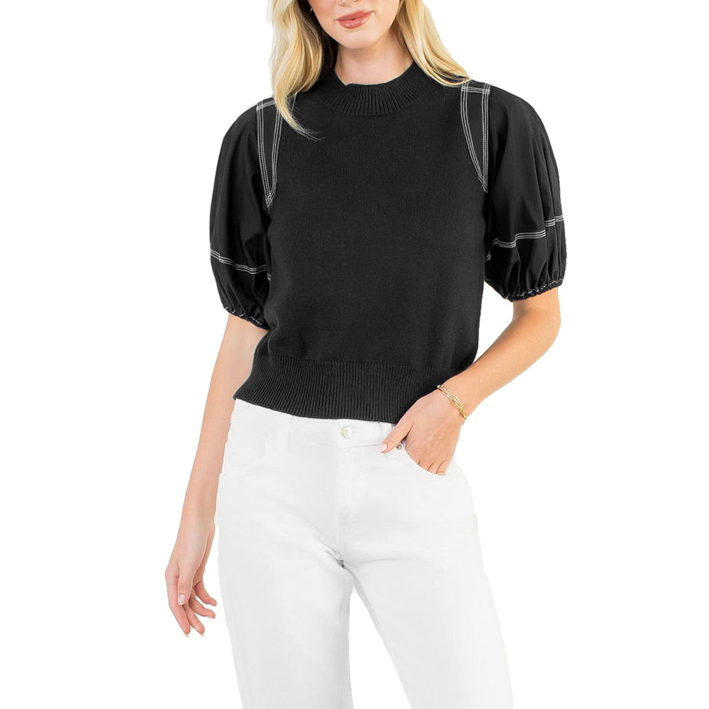 Thml Clothing Apparel Thml Clothing Women's Black Knit Poplin Puff Sleeve Top