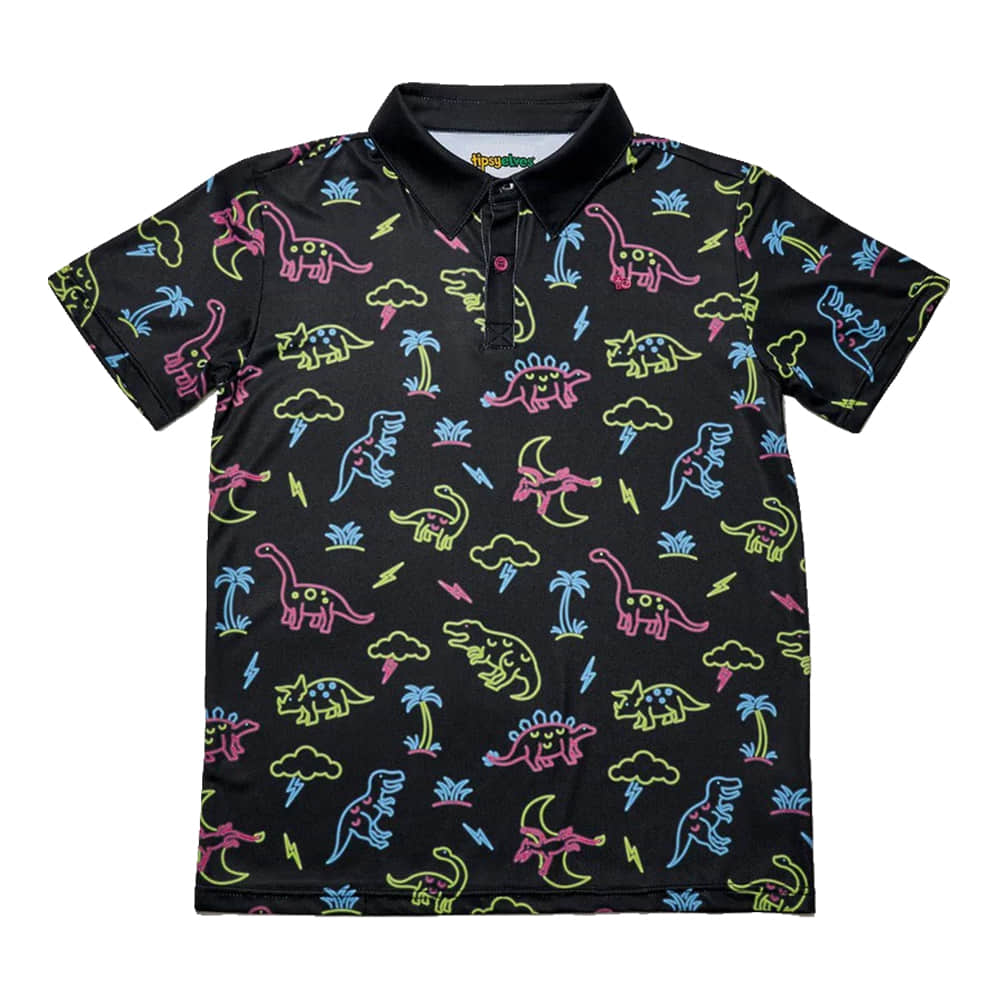 Tipsy Elves Apparel Kids Neon Dinosaur Golf Polo