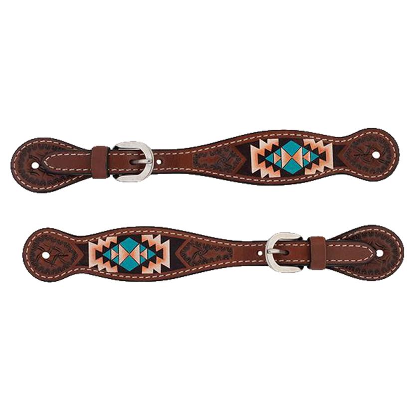 Turquoise Cross tack Ladies / Chocolate Turquoise Cross Aztec Ladies Spur Straps