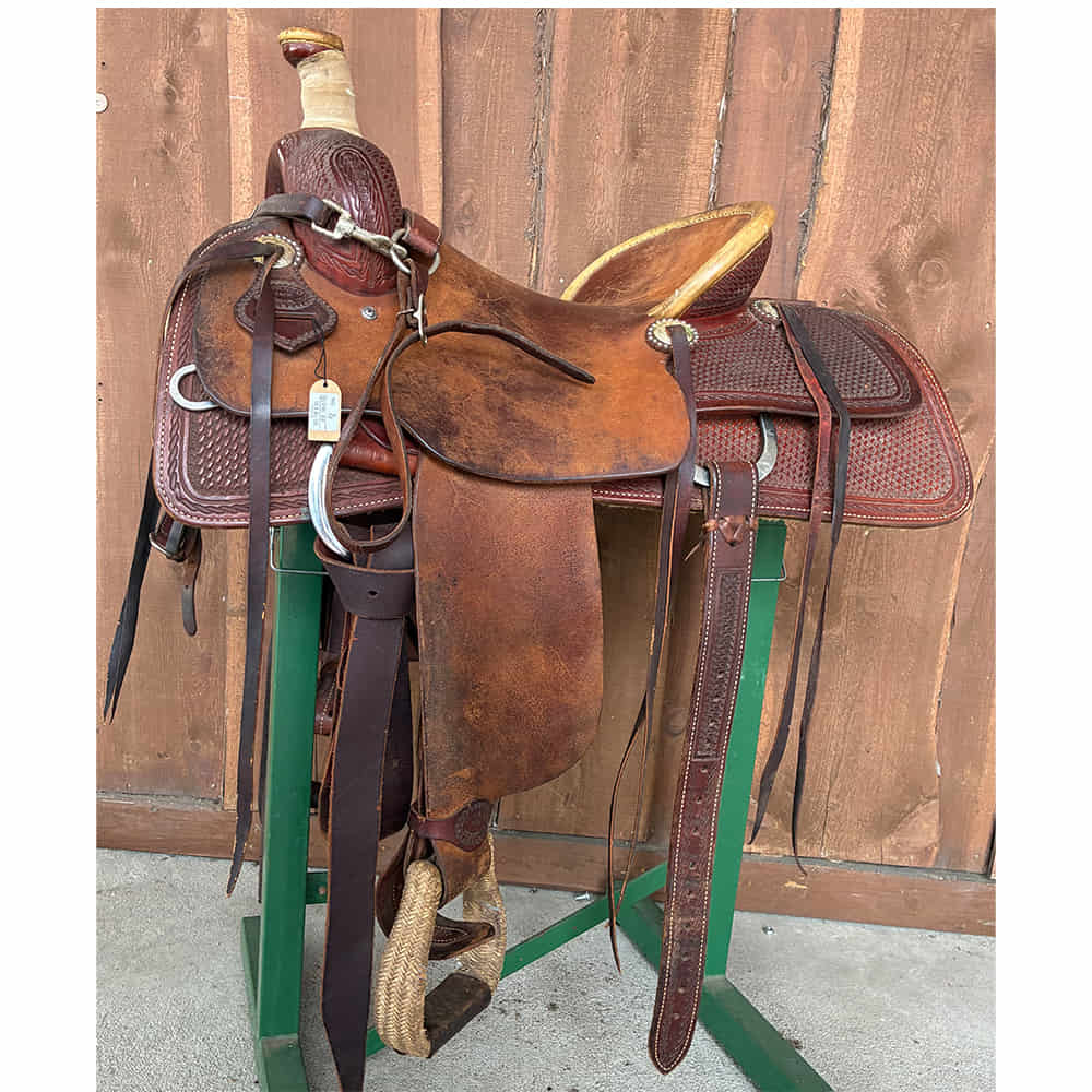 Used Saddles Saddles South Texas Tack 16" Half Rough Out Half Basket Weave Tool Used Ranch Cutting Saddle