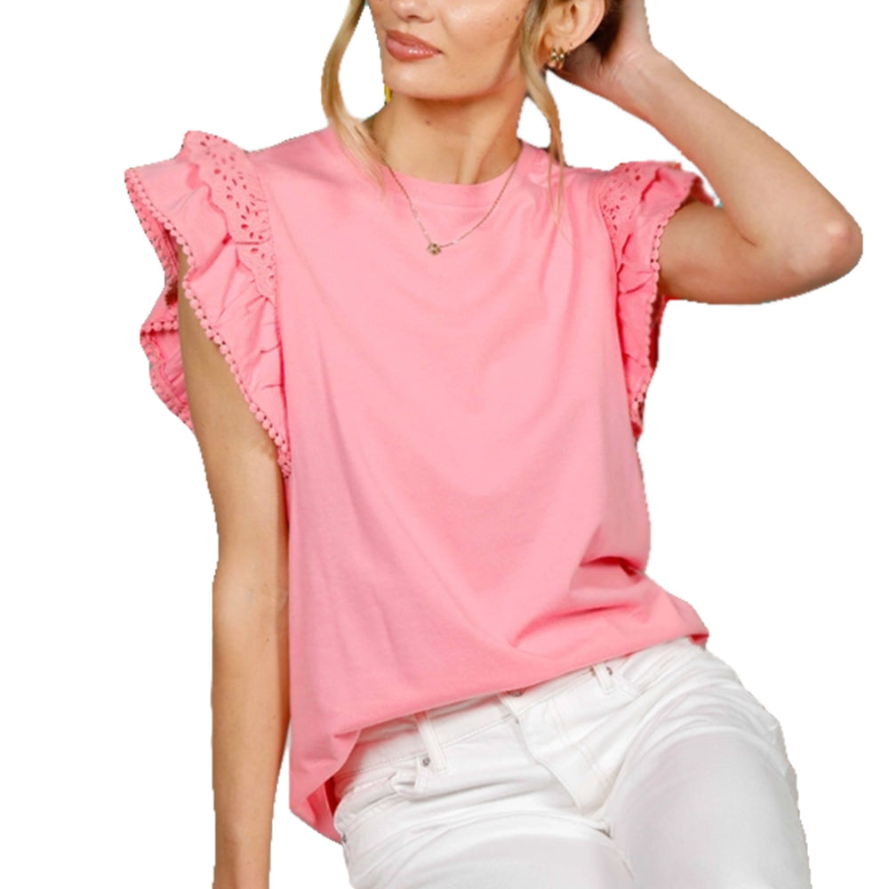 Vine and Love Apparel Crew Neck Short Ruffle Eyelet Trim