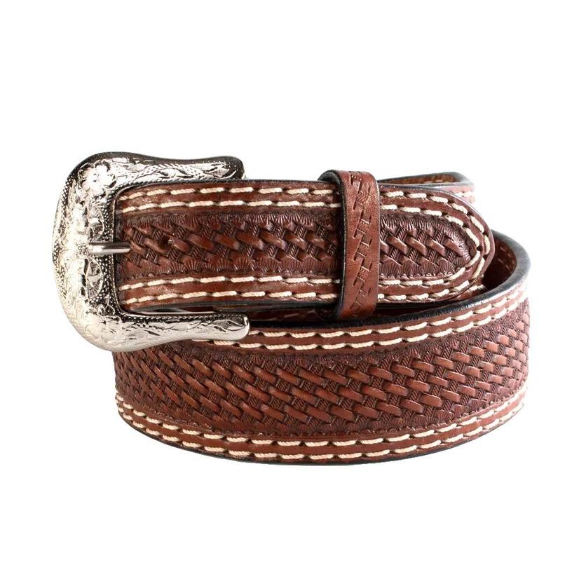Western Fashion Acc. Apparel Brown Basketweave White Double Stitched Men's Belt