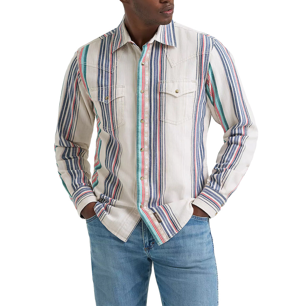 Wrangler 1000 LONG SLEEVE MENS PREMIUM LONG SLEEVE SNAP IN MODERN FIT TAN MULTI STRIPE