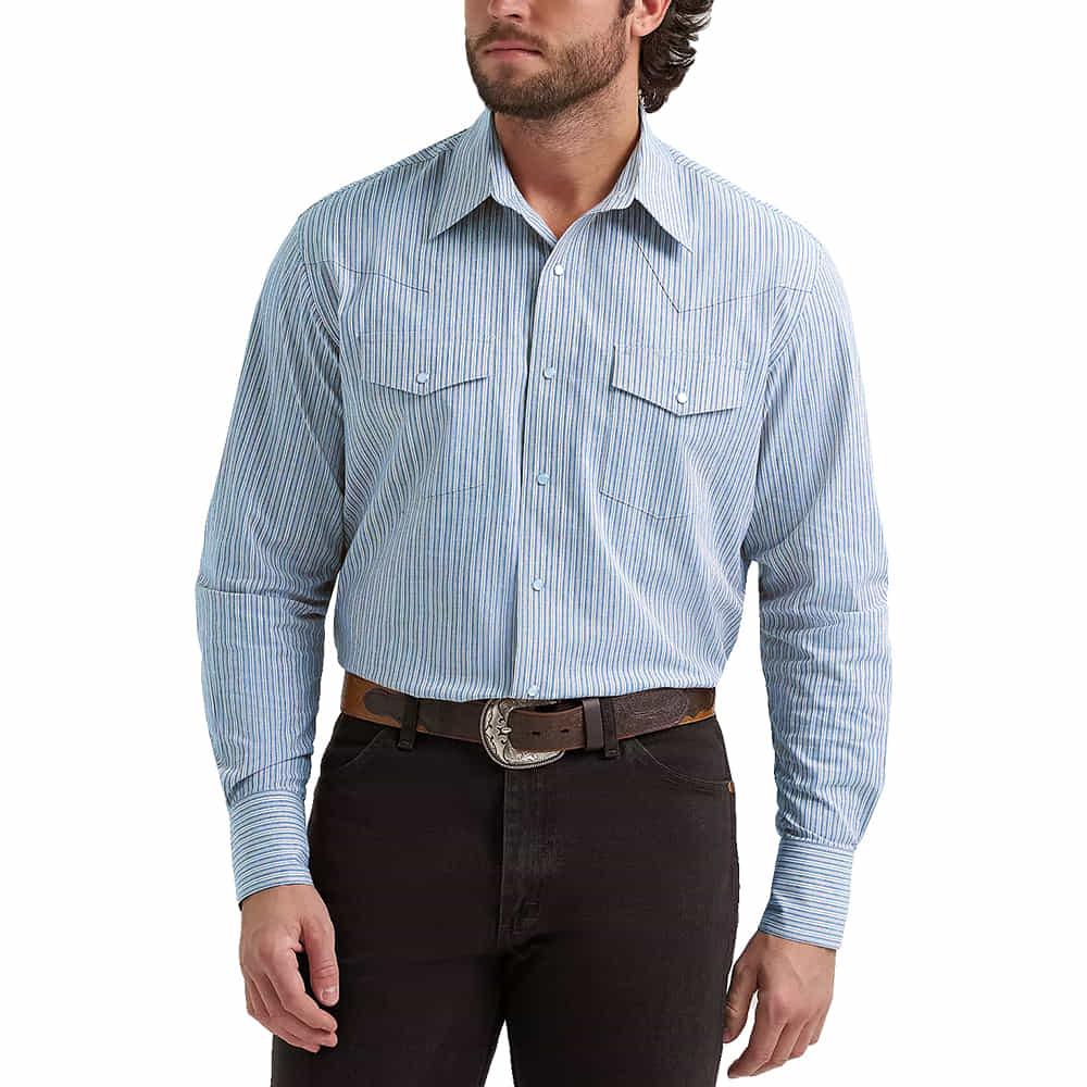 Wrangler Apparel Wrangler Blue Striped Wrinkle Resistant Long Sleeve Button Down Mens Shirt