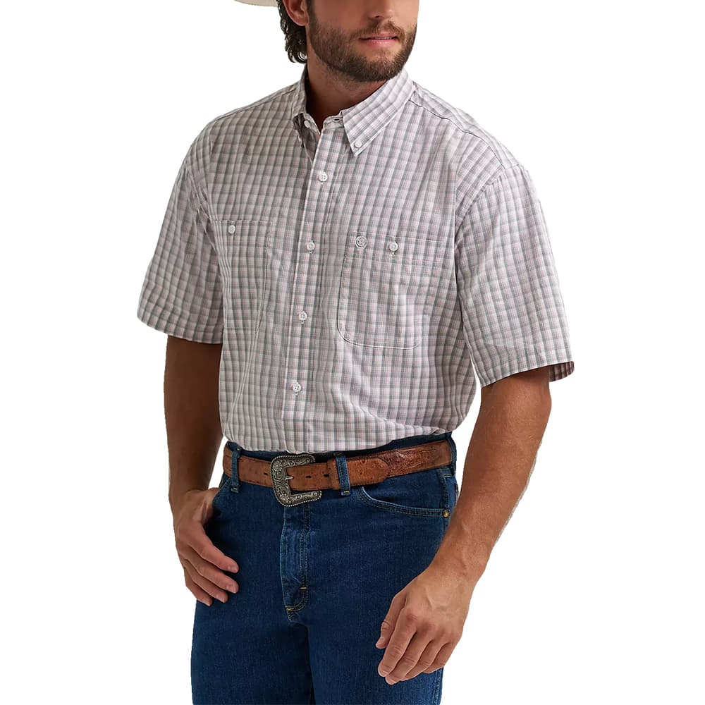 Wrangler Apparel Wrangler Men's George Strait Peach and Gray Plaid Long Sleeve Button-Down Shirt
