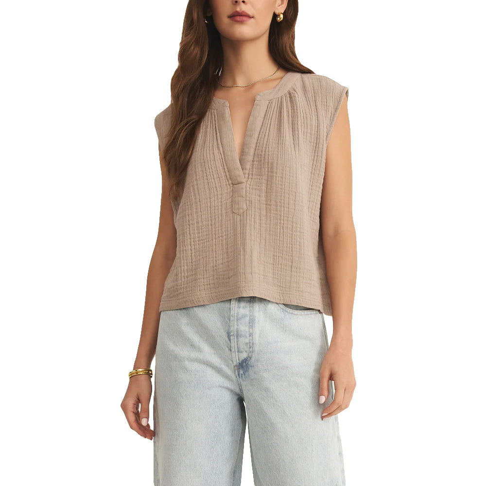 Z Supply Apparel Z Supply Cliffside V-neck Airy Sleeveless Wome's Top in Iced Coffee
