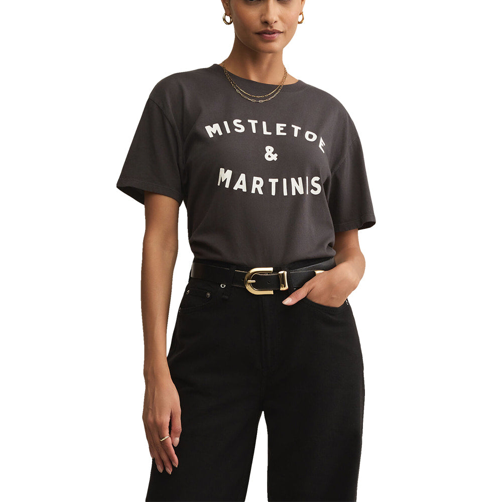 Z Supply Apparel Z Supply Mistletoe Graphic Black Sand Short Sleeve Women's Boyfriend Tee