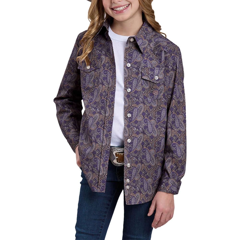 Roper Apparel Roper Girls All-over Print Button-Down Shirt In Purple Paisley