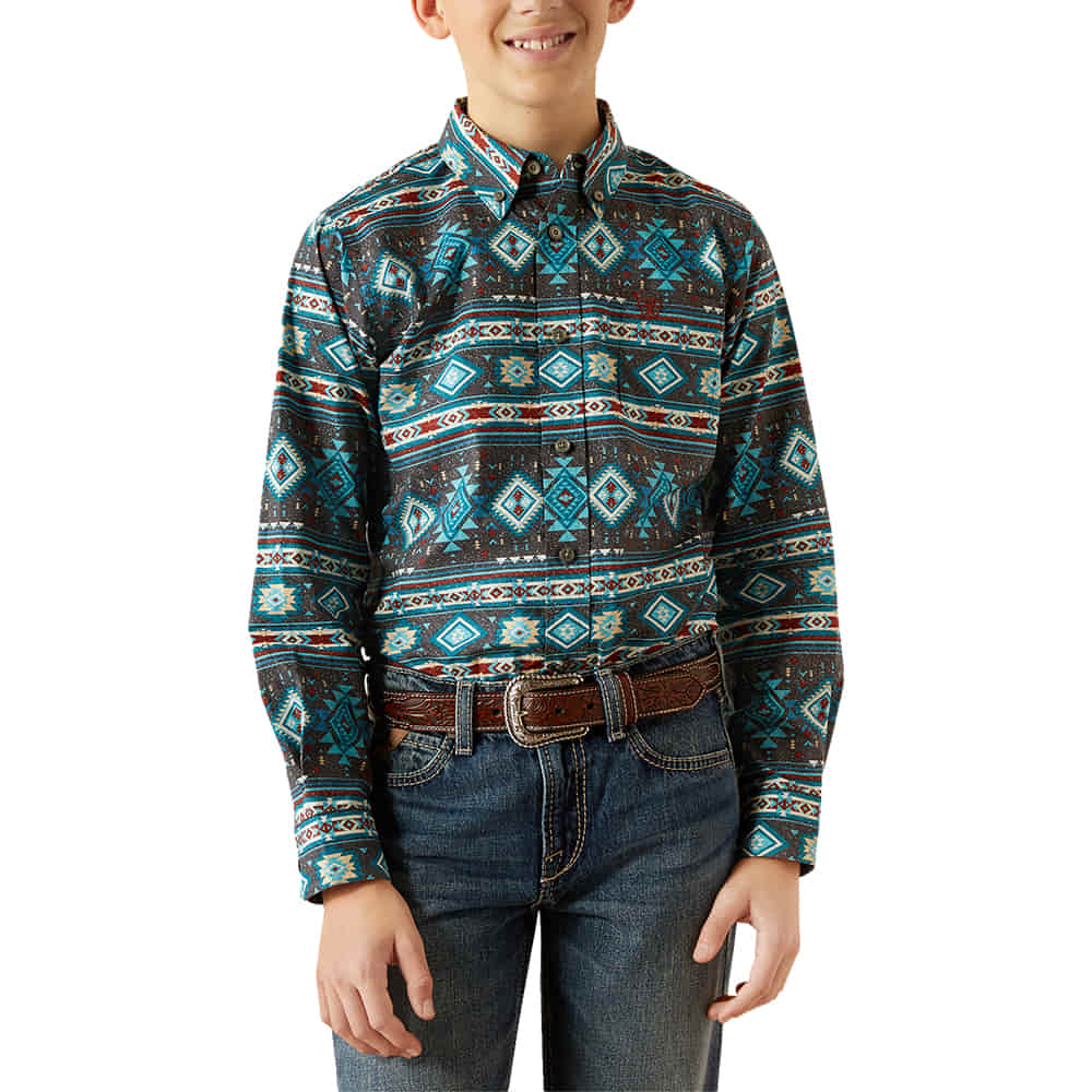 Ariat Jackpot City Collection Teal Prescot Long Sleeve Button-Down Boy's Shirt