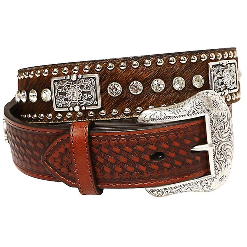 Nocona Mens Brown Calf Hair Basket Weave Silver Concho Stud Belt