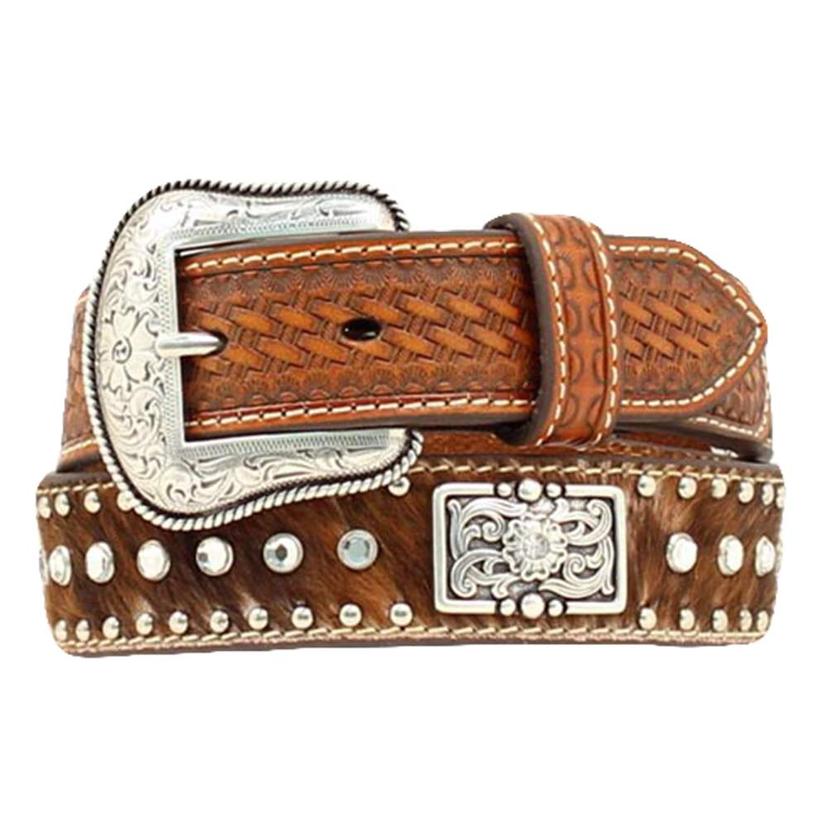 Nocona Kid's Brown Basketweave Leather Calf Hair On Western Belt