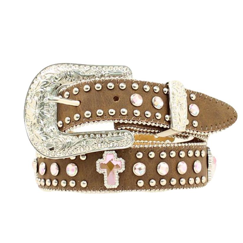 Nocona Kid's Brown Leather Pink Rhinestone Cross Belt