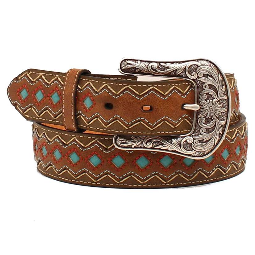 Womens Diamond Stitch with Turquoise Accents on Brown Belt