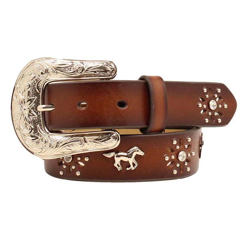 Brown Leather Kids Belt with Horse Bling and Silver Buckle