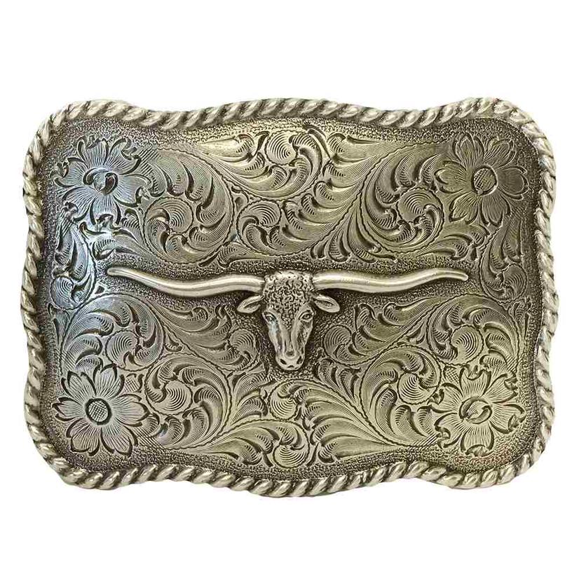 Nocona Silver Longhorn Head Rectangle Belt Buckle