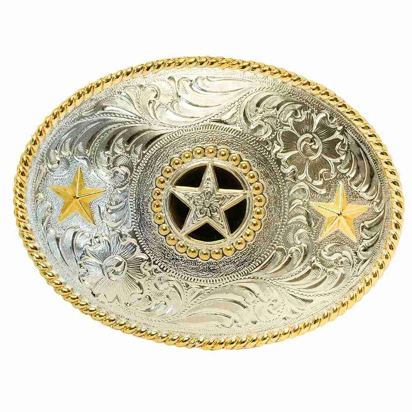 Nocona Gold and Silver Triple Star Oval Belt Buckle