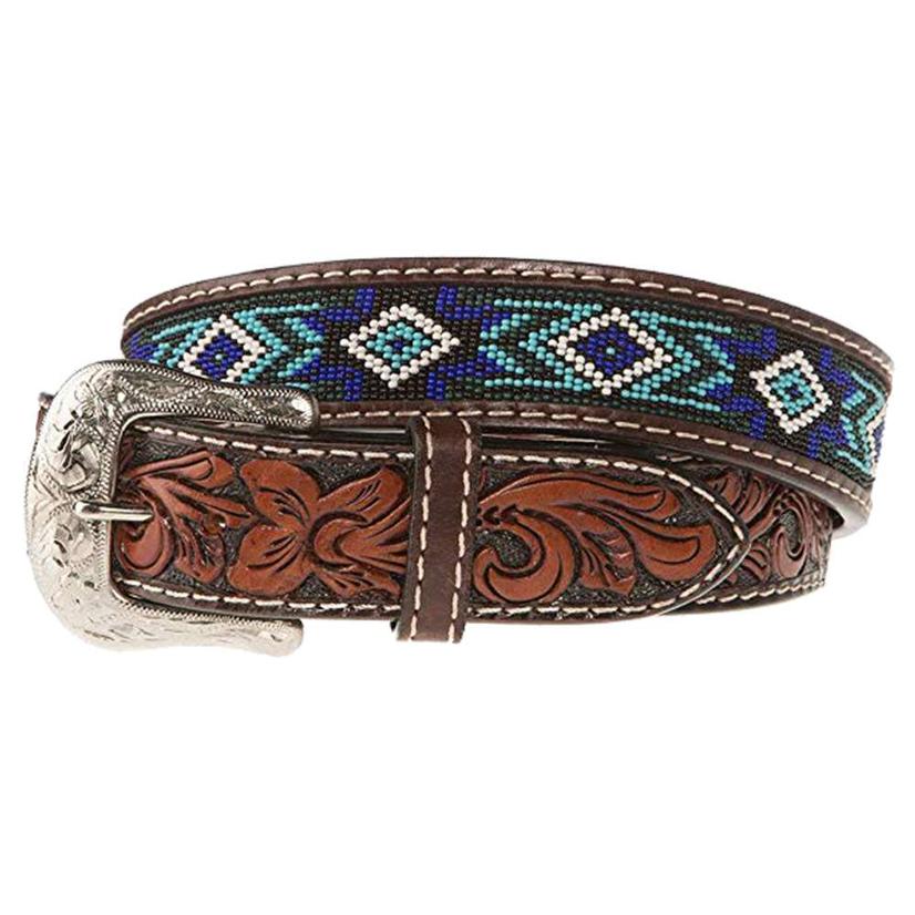 Blue and Turquoise Beaded Brown Leather Floral Tooled Men's Belt