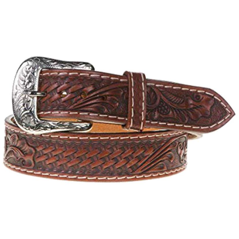 Brown Tooled Silver Buckle Men's Belt