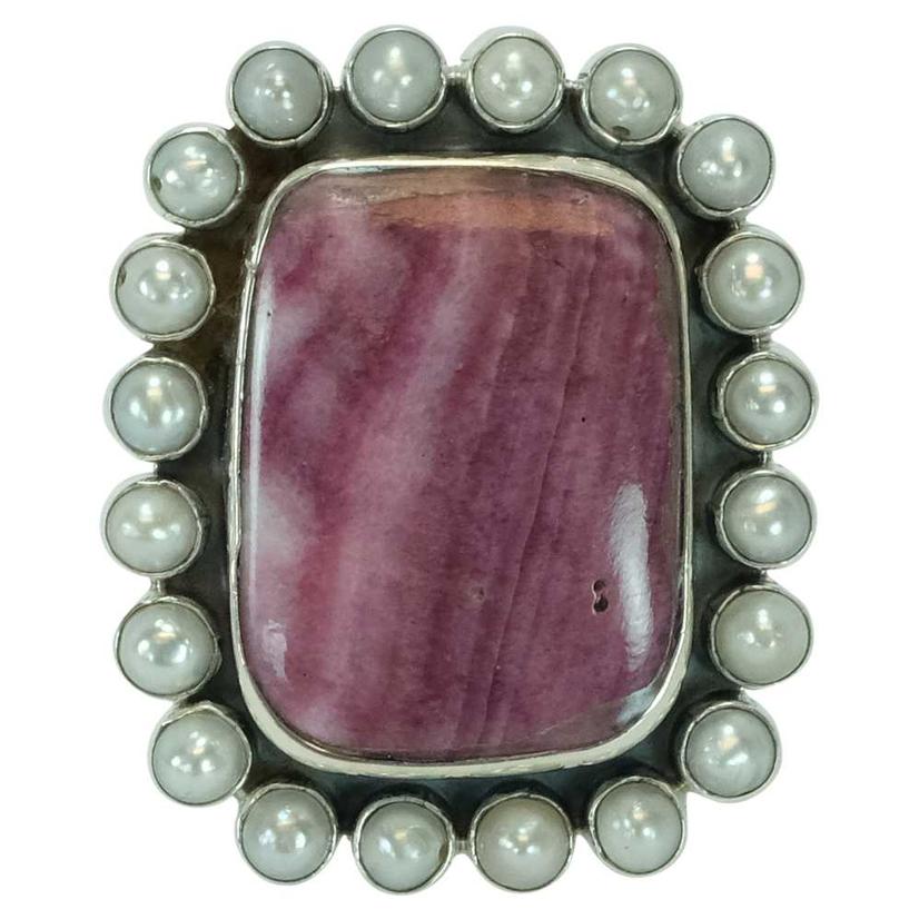 Large Rectangle Purple Spiny Oyster and Pearl Ring