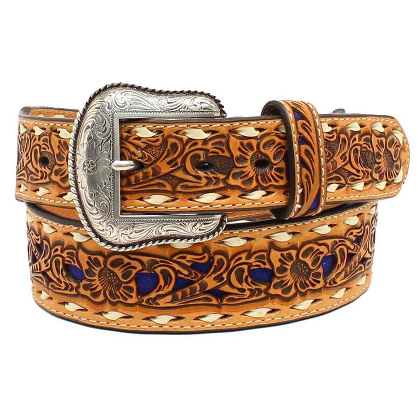 Nocona Leather Tooled Belt with Royal Blue Inlay