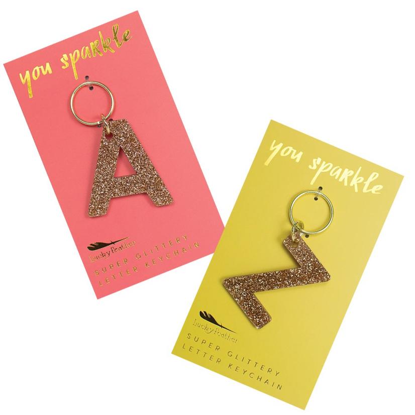 Lucky Feather Glitter Letter Keychain - A thru Z available