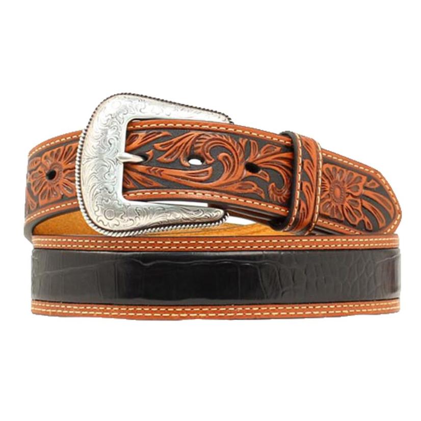 Nocona Black Gator Body Brown Leather Tooled Men's Belt