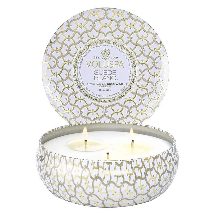 Voluspa Suede Blanc 3 Wick Tin Candle 12oz