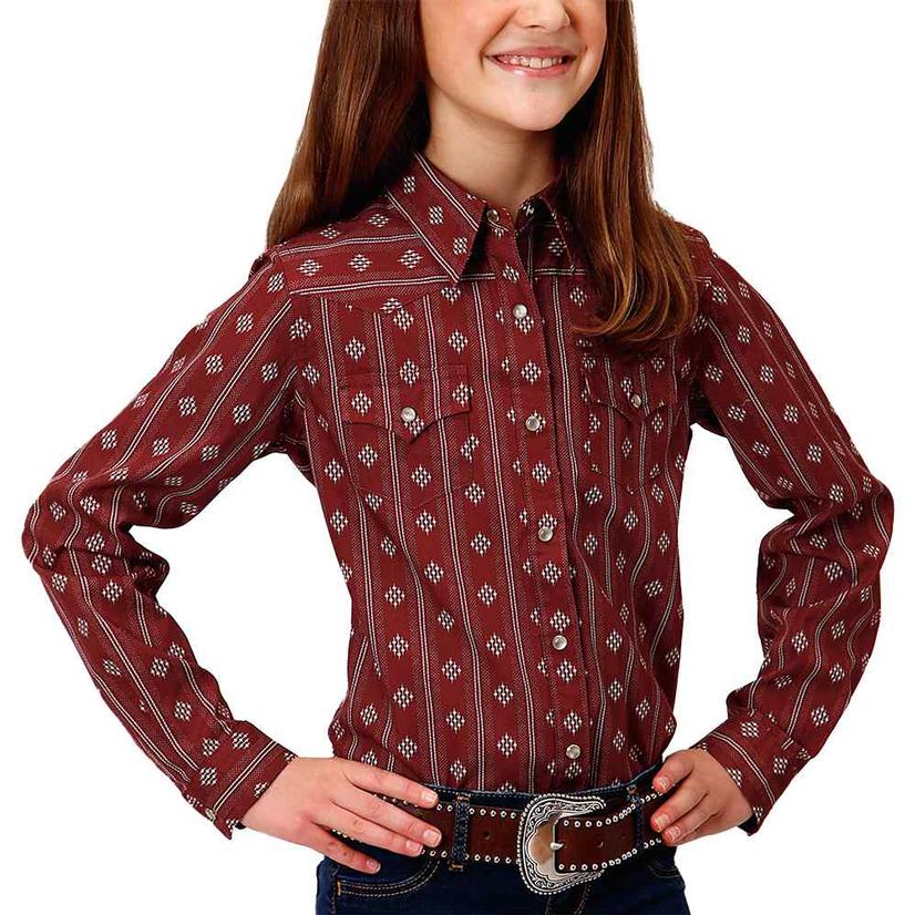 Roper Red Stripe Print Long Sleeve Snap Girl's Shirt