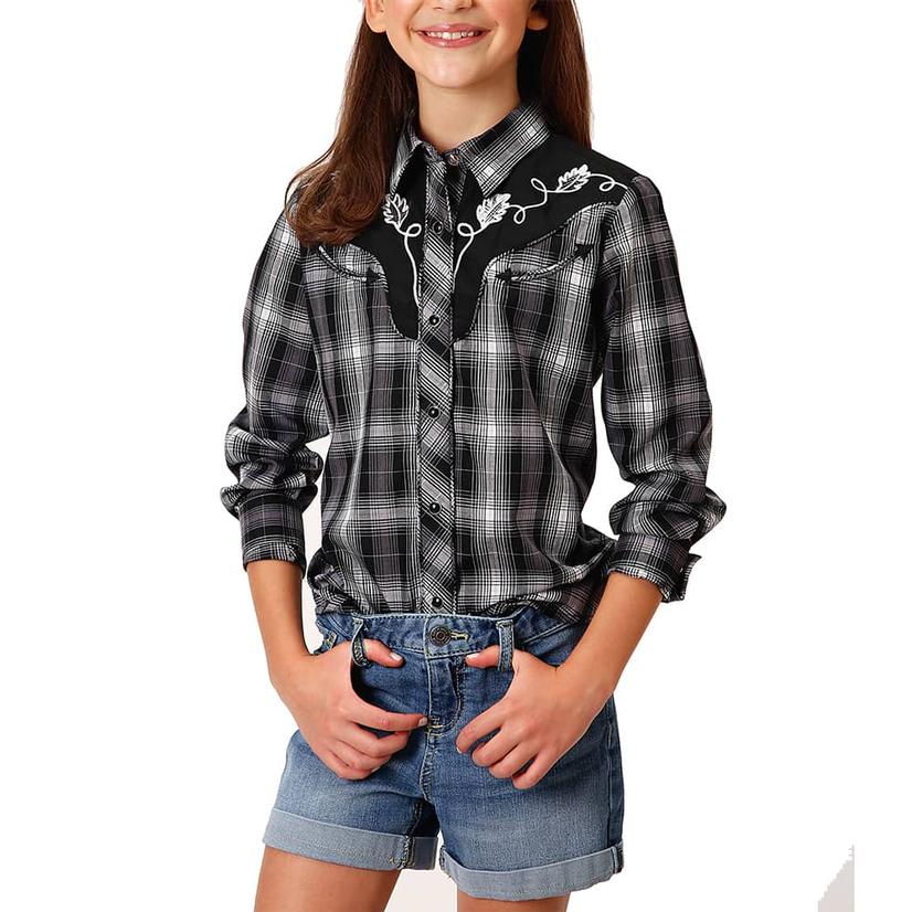 Roper Black and White Plaid Long Sleeve Snap Girl's Shirt