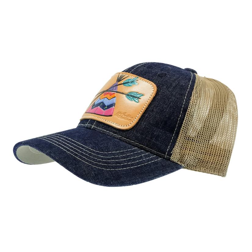 Miranda Mcintire Serape Teepee Leather Patch Denim and Tan Cap