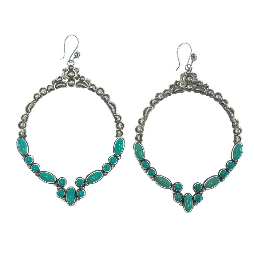 South Tack Tack  3 3/4"  Big Turquoise and Silver Hoop Earrings