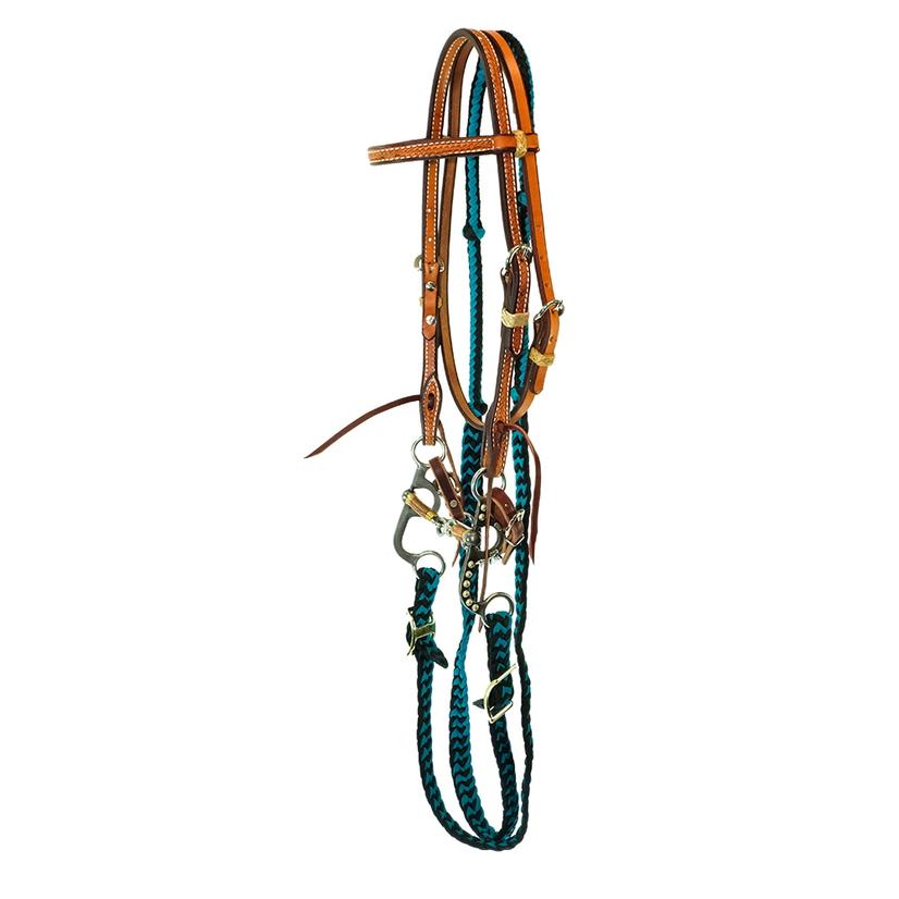 STT Leather Browband Braided Barrel Rein Pony Bridle Set with Dog Bone Bit