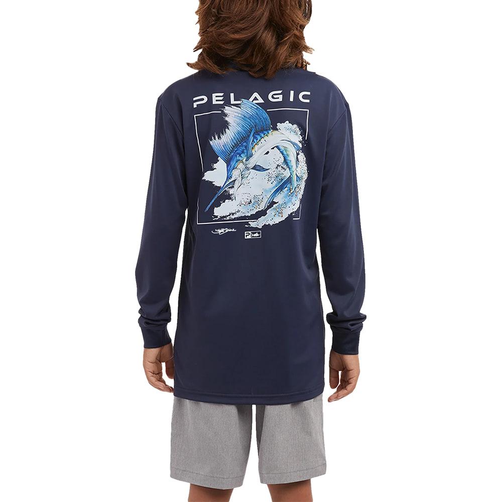 Pelagic Aquatek Goione Sailfish Graphic Youth Boy's Long Sleeve Tee In Navy