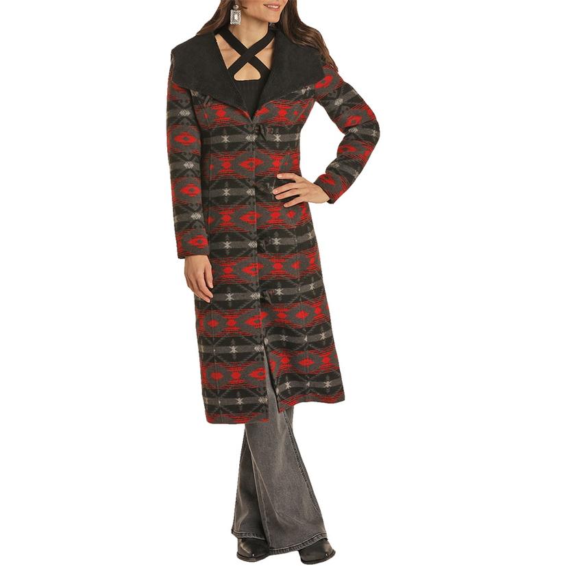 Powder River Red Aztec Wool Jacquard Women's Long Coat