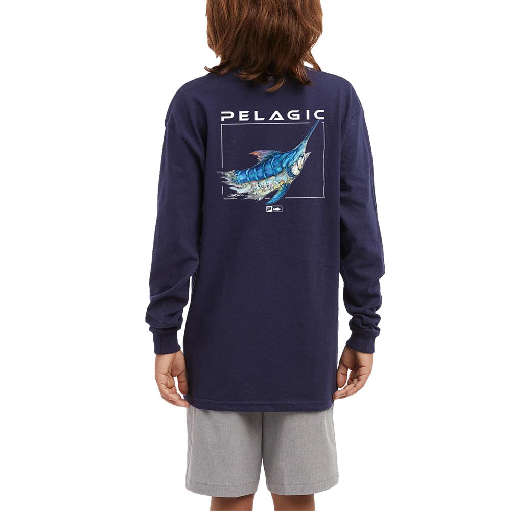 Pelagic Aquatek Goione Marlin Graphic Youth Boy's Long Sleeve Tee In Navy