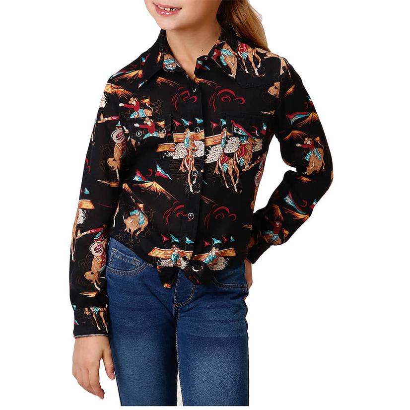 Roper Retro Black Printed Western Long Sleeve Snap Girls Shirt